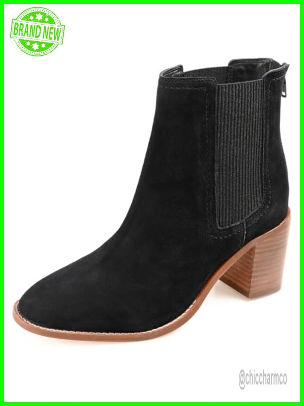 Genuine Leather Chelsea Booties Ribbed Stretch Round Toe Stacked Heel